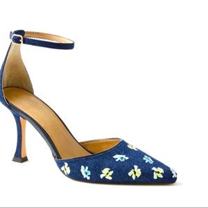 Embroidered Denim Ankle Strap Pumps
